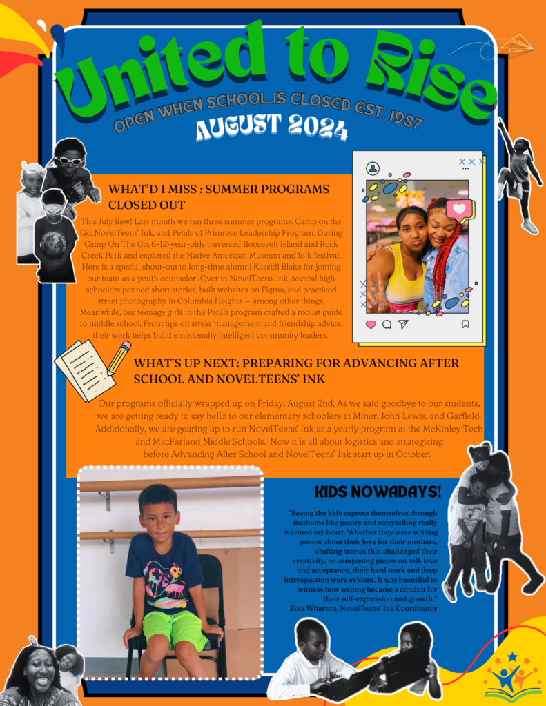 A non-interactive PDF version of the first page of the newsletter. It provides an overview of the summer programs, hint of the fall schedule, and a staff member's thoughts on the students.